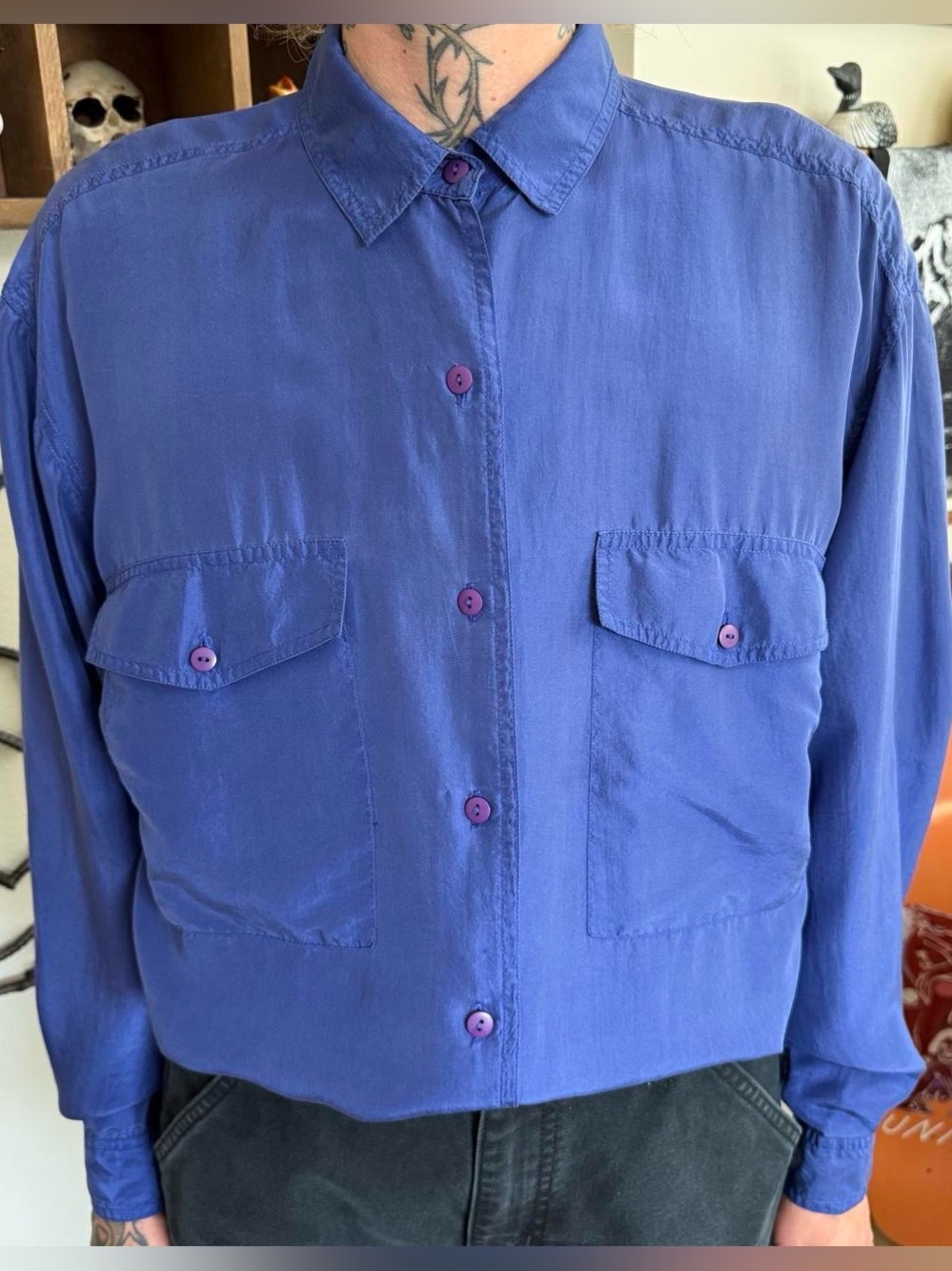 Vintage 90s Blue Silk Button Up Blouse ~ Size Medium